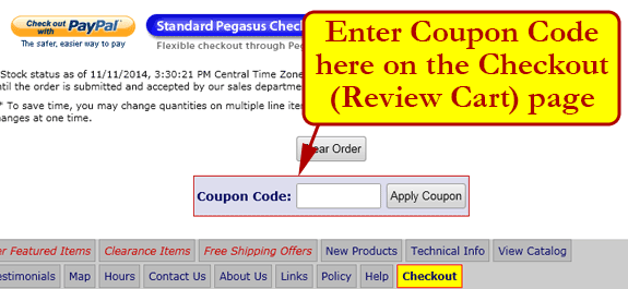 Enter the Coupon Code in the red box near the bottom of the Checkout page.