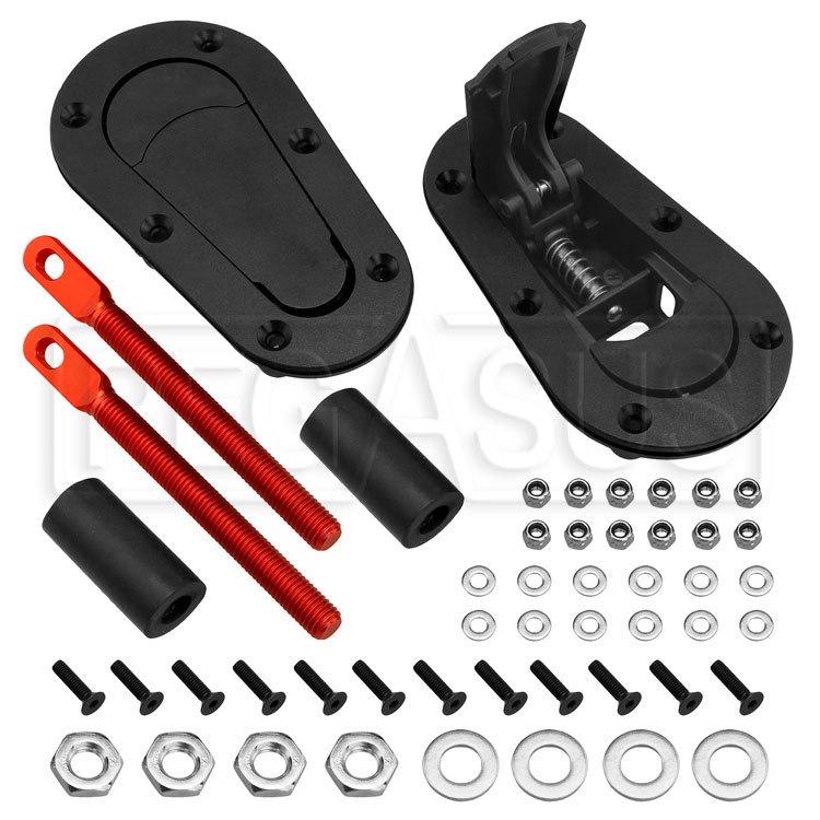 thumbnail interactive-video image 1 of Universal Flush Mount Hood Pin Kit - Black Racing Style Hood Latch With 140mm Pins 1 of 5