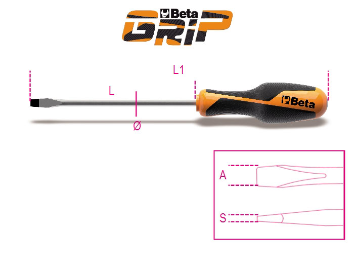 Flat Head Screwdriver Non-Slip 6.5 x 100mm Beta Tools 1260  Beta GRIP® Slotted 