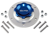 Click for a larger picture of 2.75" Blue Filler Cap with Silver Aluminum 6-Hole Cell Bung