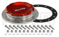 Click for a larger picture of 4.25" Red Filler Cap with Silver Aluminum 12-Hole Cell Bung