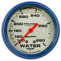 Click for a larger picture of Ultra Nite Liquid Fill 2 5/8" Water Temp Gauge, 140-280F, 6'