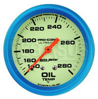 Click for a larger picture of Ultra Nite Glow in Dark 2 5/8" Oil Temp Gauge, 140-280 F, 6'