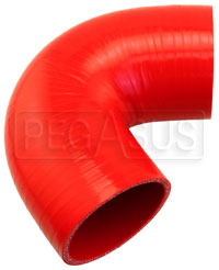 Click for a larger picture of Red Silicone Hose, 3 1/4" I.D. 135 degree Elbow, 4" Legs