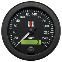 Large photo of Stack Electric Speedometer, 0-260 km/h, Black Face, 3 3/4