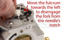 Step 4B, Remove the fulcrum shaft and fulcrum, being careful not to damage the fork at the end of the fulcrum arm.