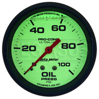 Click for a larger picture of Ultra Nite Liquid Fill 2 5/8" Oil Pressure Gauge, 0-100 PSI