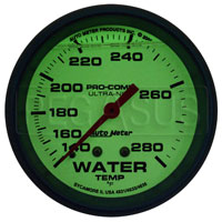 Click for a larger picture of Ultra Nite Liquid Fill 2 5/8" Water Temp Gauge, 140-280F, 6'
